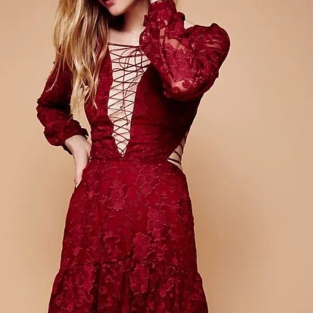 For Love & Lemons Jolene Lace Up Dress Red size medium